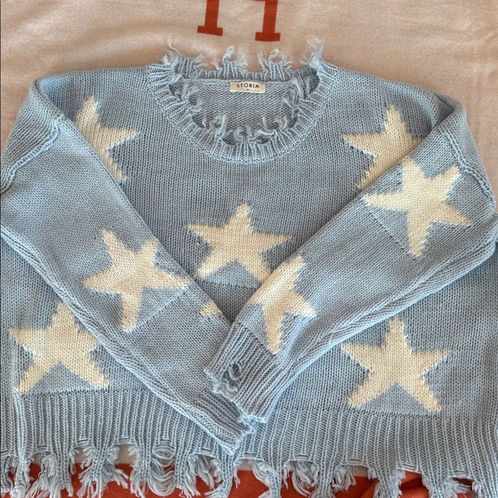 Storia Light Blue Star Fringed Sweater